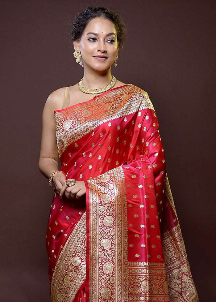 Pink Handloom Banarasi Pure Silk Saree With Blouse Piece