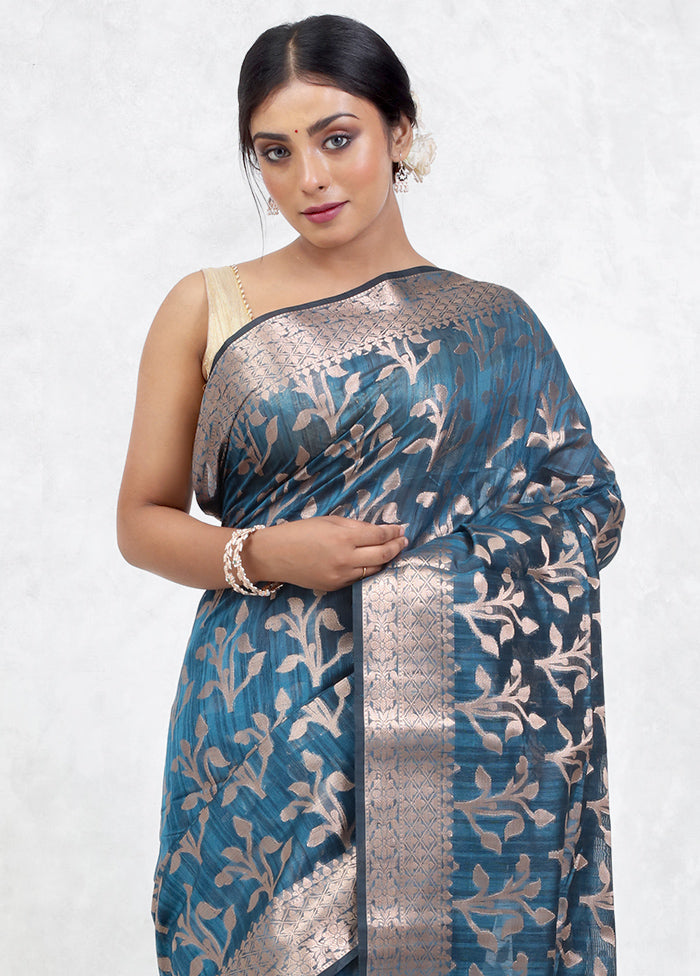 Blue Kora Silk Saree Without Blouse Piece - Indian Silk House Agencies