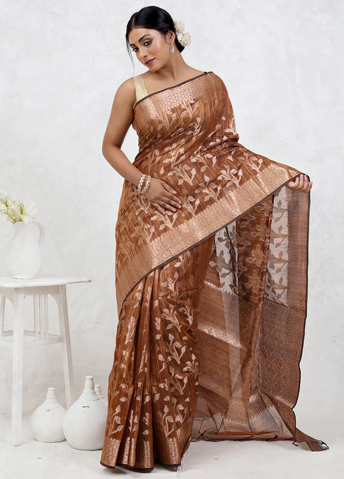 Brown Kora Silk Saree Without Blouse Piece - Indian Silk House Agencies