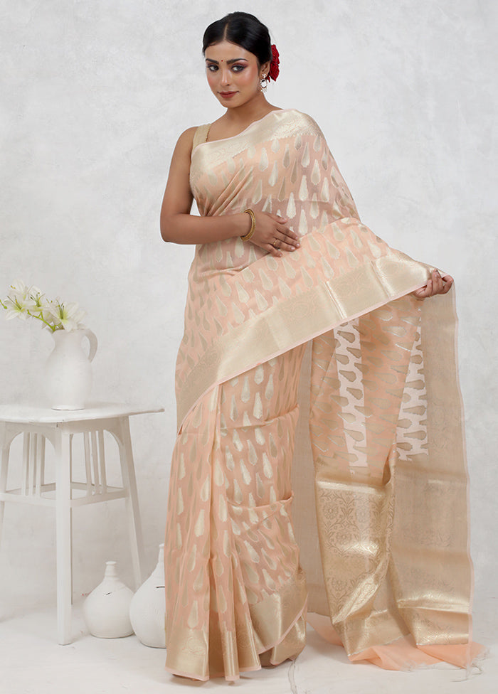 Peach Kora Silk Saree Without Blouse Piece - Indian Silk House Agencies