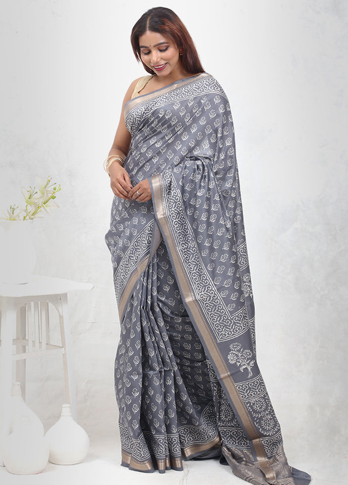 Grey Chanderi Cotton Saree Without Blouse Piece - Indian Silk House Agencies
