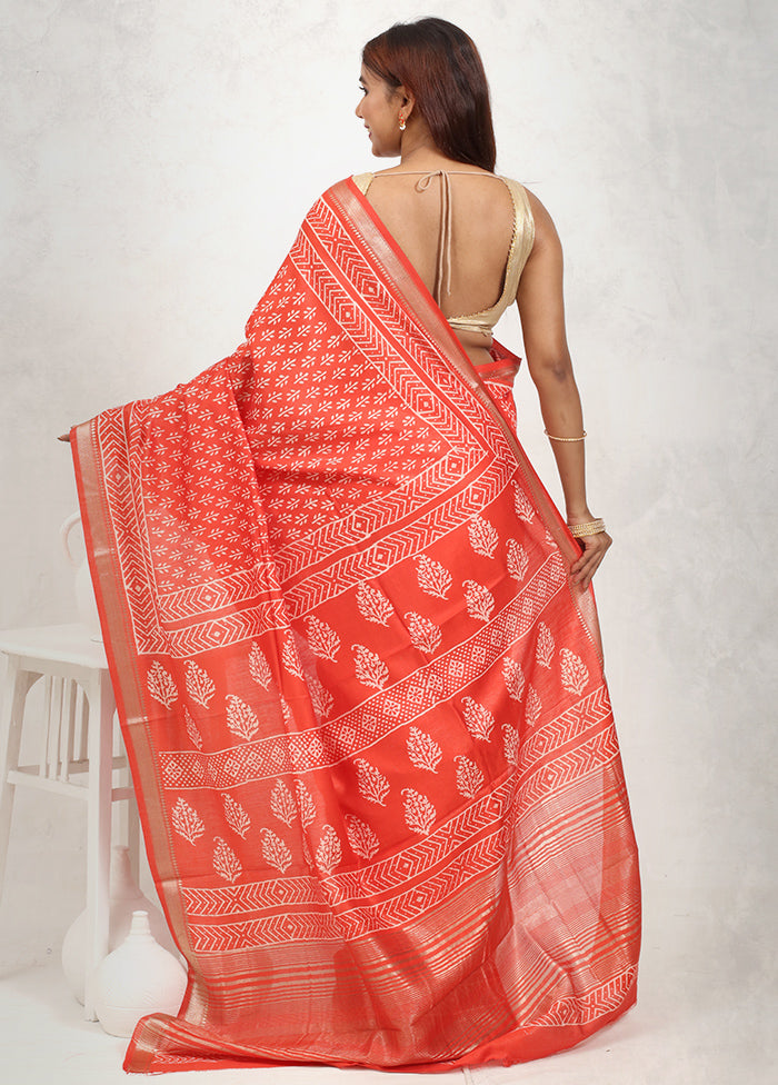 Red Chanderi Cotton Saree Without Blouse Piece - Indian Silk House Agencies
