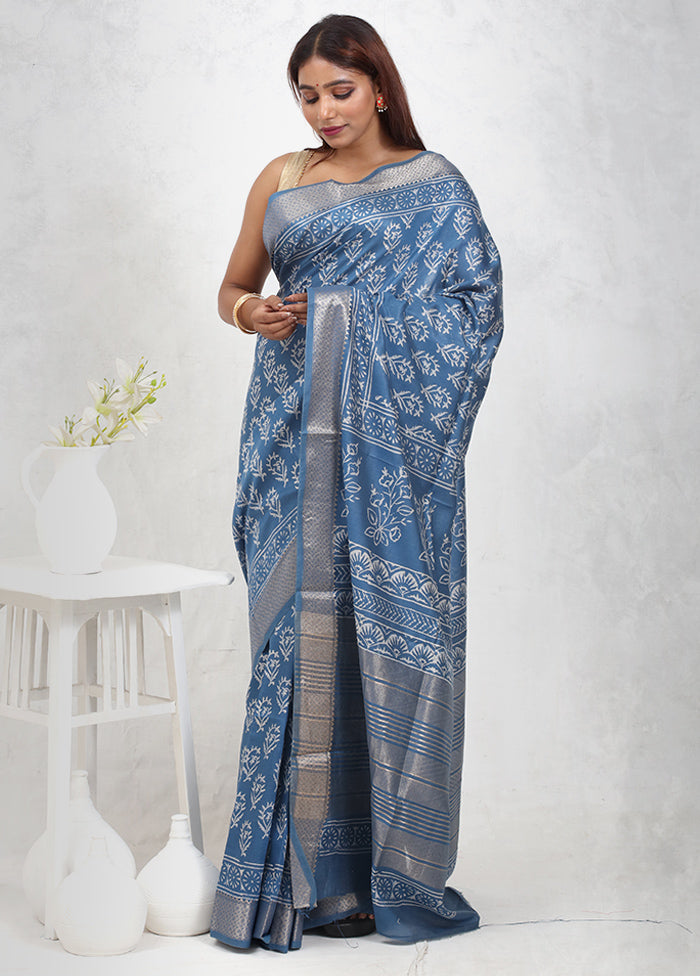 Blue Chanderi Cotton Saree Without Blouse Piece - Indian Silk House Agencies