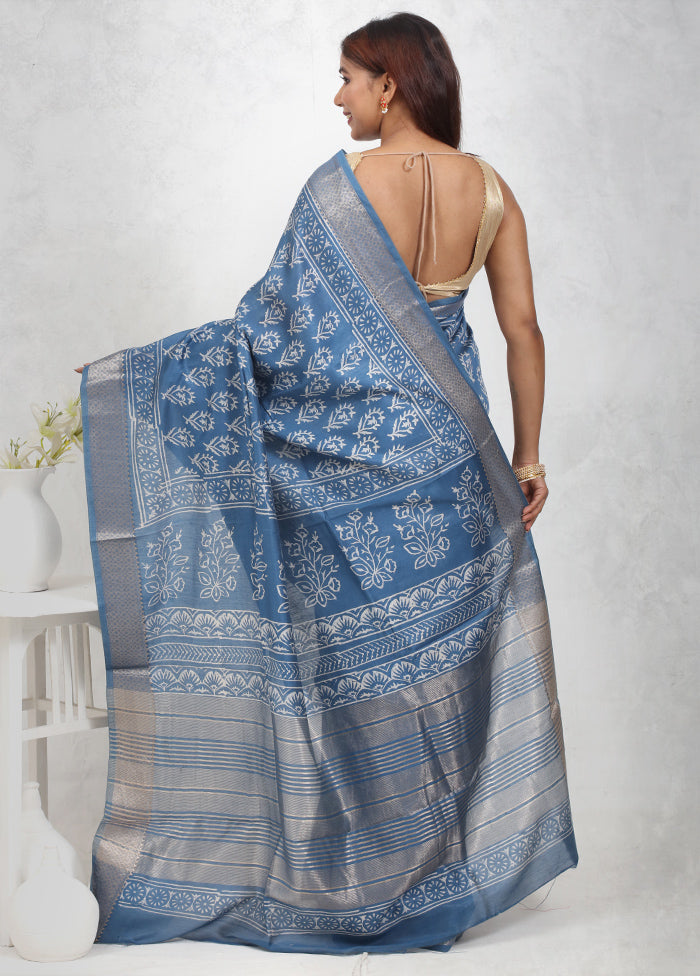 Blue Chanderi Cotton Saree Without Blouse Piece - Indian Silk House Agencies