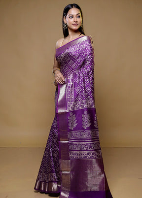 Purple Chanderi Cotton Saree With Blouse Piece