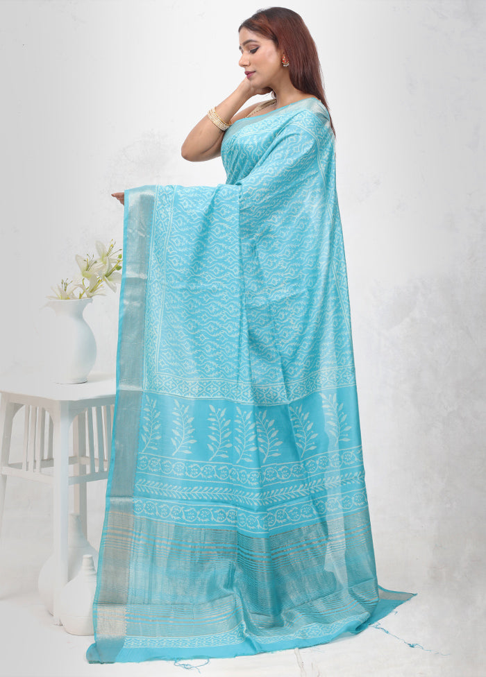 Blue Chanderi Cotton Saree Without Blouse Piece - Indian Silk House Agencies