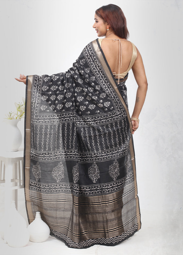 Black Chanderi Cotton Saree Without Blouse Piece - Indian Silk House Agencies