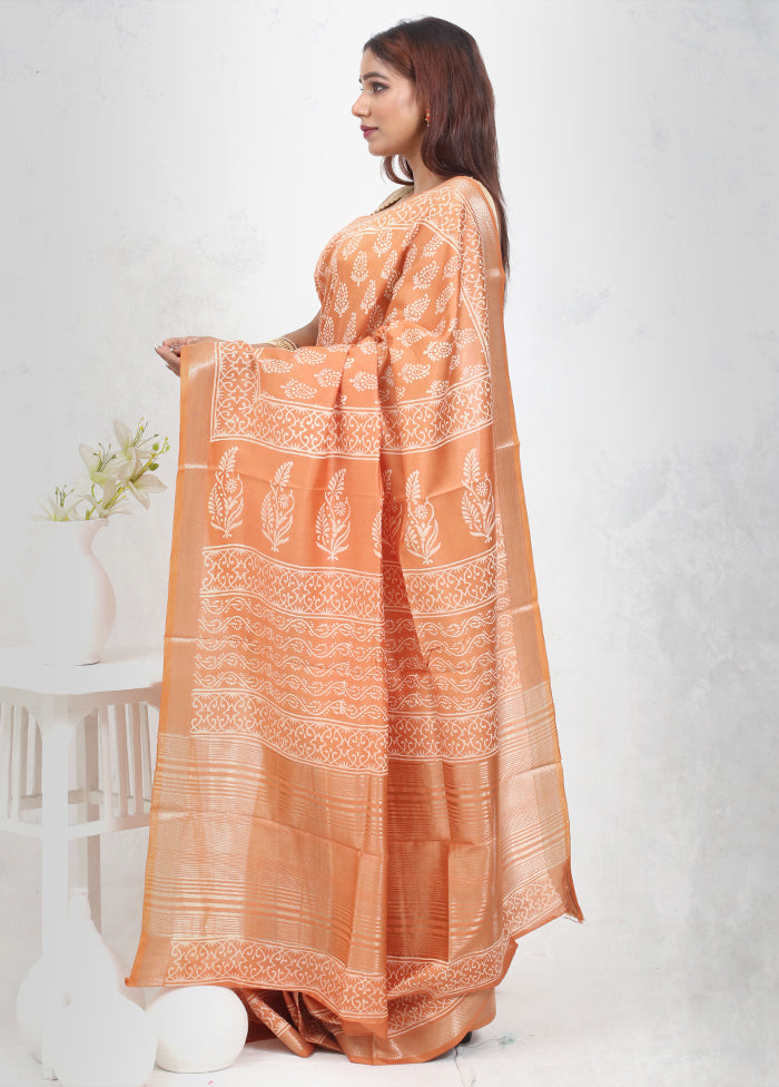 Rust Chanderi Cotton Saree Without Blouse Piece - Indian Silk House Agencies