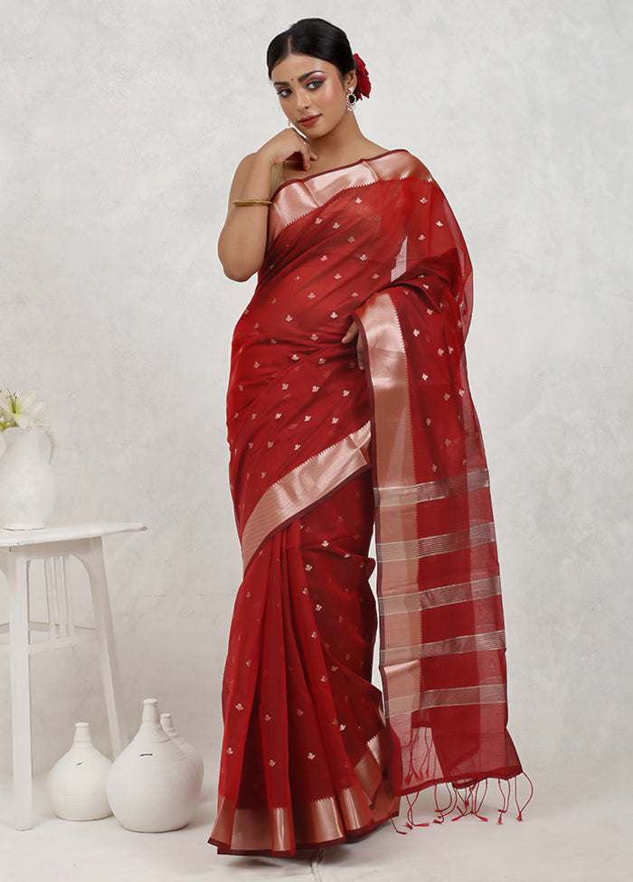 Red Cotton Saree Without Blouse Piece