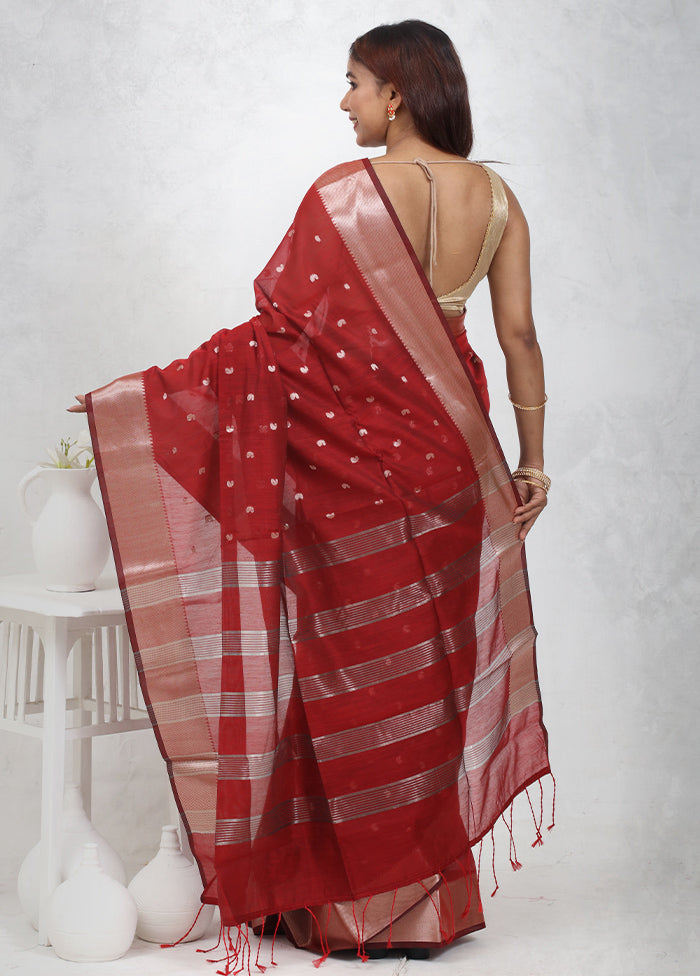 Red Cotton Saree Without Blouse Piece - Indian Silk House Agencies