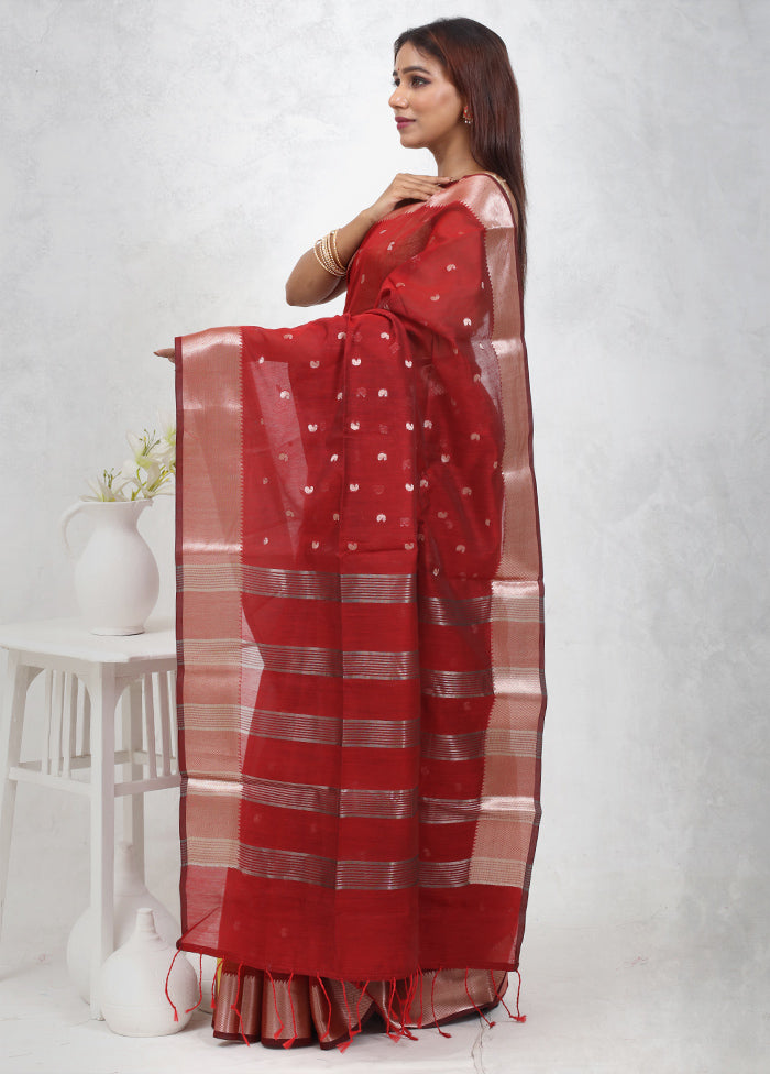 Red Cotton Saree Without Blouse Piece - Indian Silk House Agencies