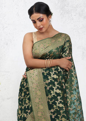 Green Organza Saree Without Blouse Piece - Indian Silk House Agencies