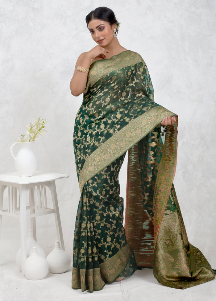 Green Organza Saree Without Blouse Piece