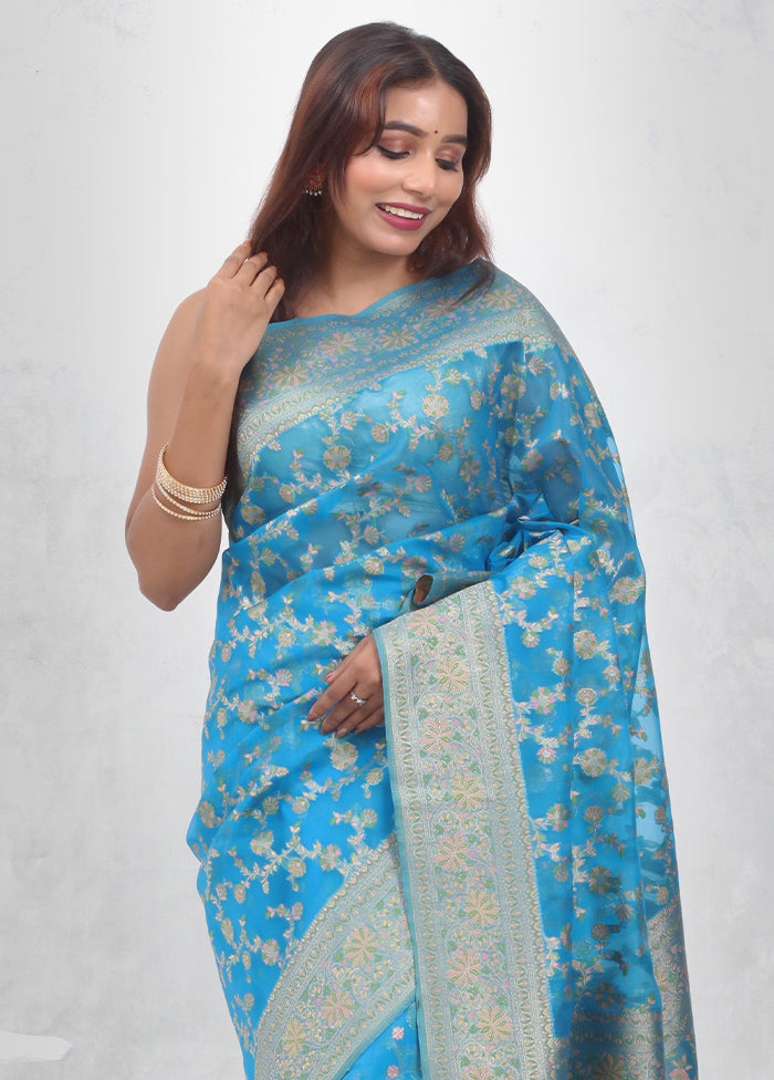 Blue Organza Saree Without Blouse Piece - Indian Silk House Agencies