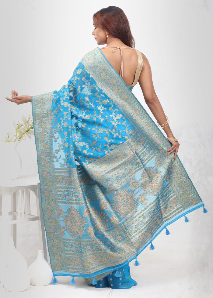 Blue Organza Saree Without Blouse Piece - Indian Silk House Agencies