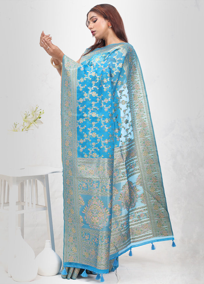 Blue Organza Saree Without Blouse Piece - Indian Silk House Agencies