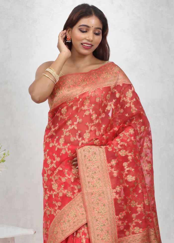 Pink Organza Saree Without Blouse Piece - Indian Silk House Agencies