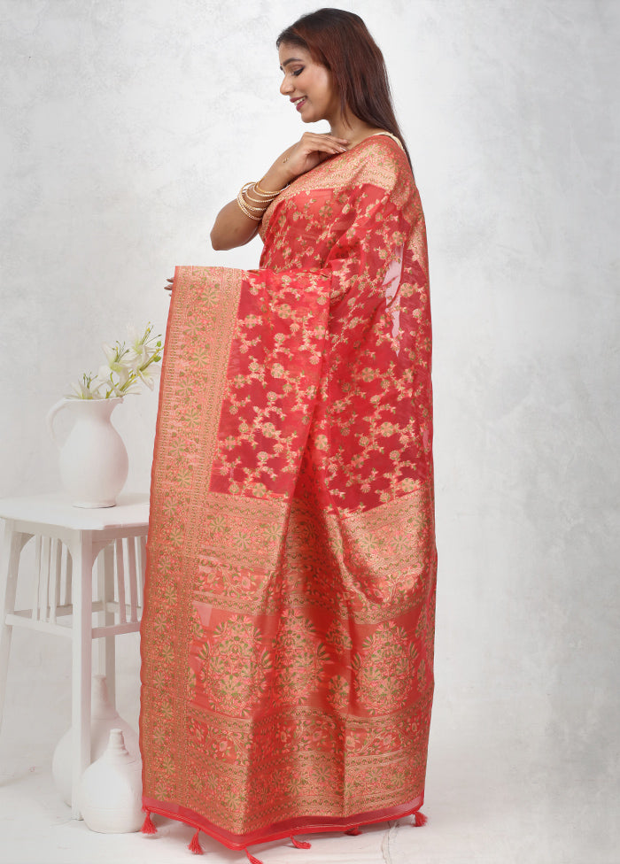 Pink Organza Saree Without Blouse Piece - Indian Silk House Agencies