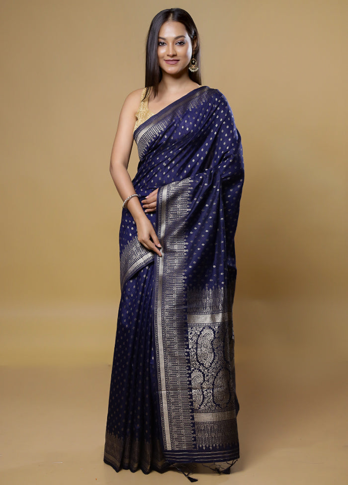 Blue Dupion Silk Saree With Blouse Piece