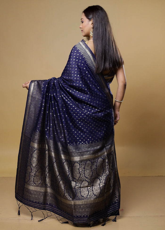 Blue Dupion Silk Saree With Blouse Piece