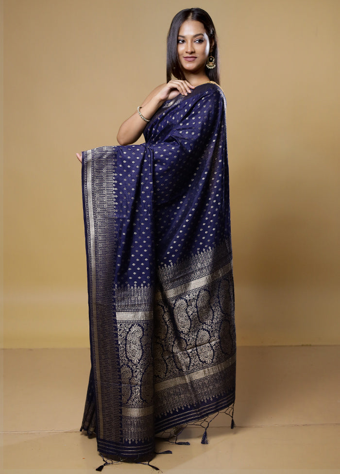 Blue Dupion Silk Saree With Blouse Piece