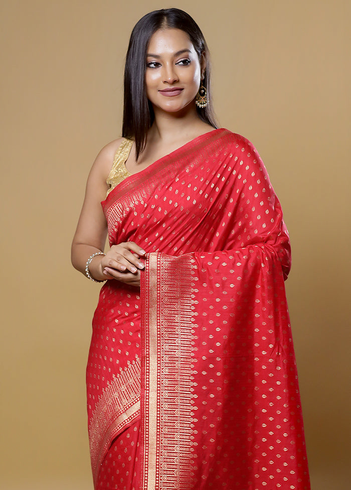 Red Dupion Silk Saree With Blouse Piece