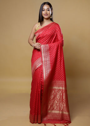 Red Dupion Silk Saree With Blouse Piece