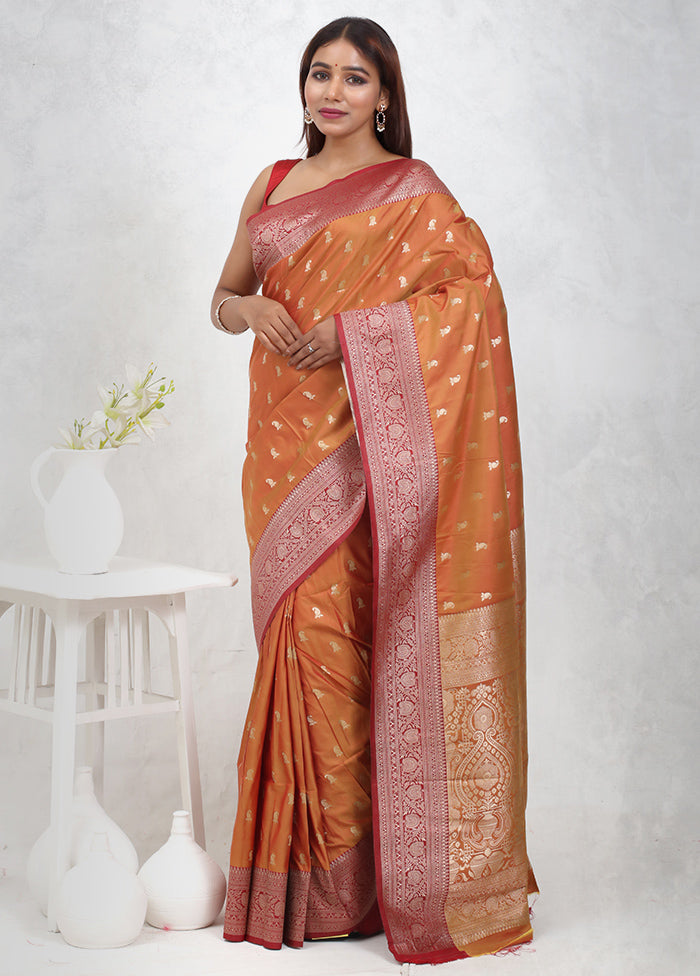 Orange Dupion Silk Saree Without Blouse Piece - Indian Silk House Agencies