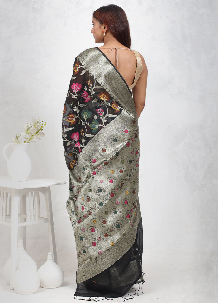 Black Kora Silk Saree Without Blouse Piece - Indian Silk House Agencies