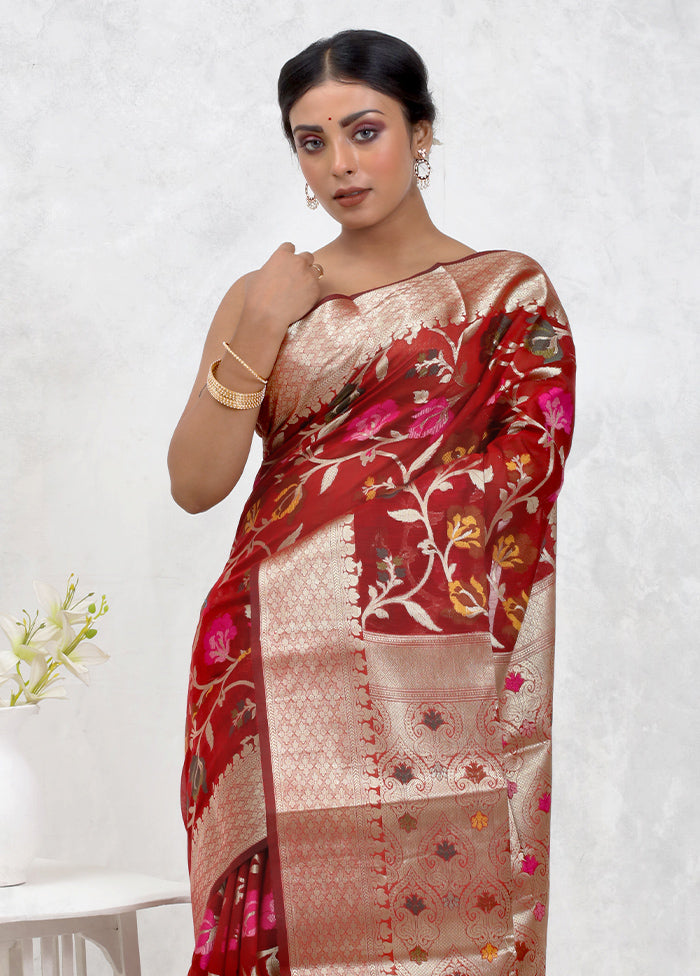 Red Kora Silk Saree Without Blouse Piece - Indian Silk House Agencies