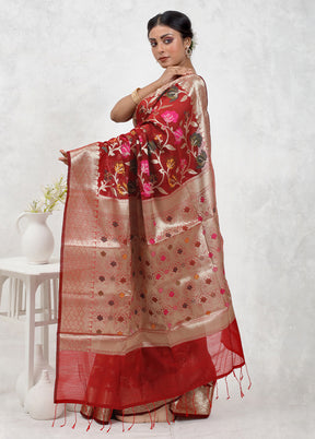 Red Kora Silk Saree Without Blouse Piece - Indian Silk House Agencies