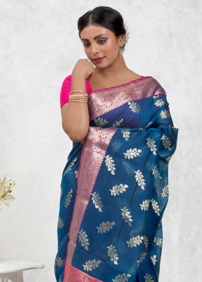 Blue Kora Silk Saree Without Blouse Piece - Indian Silk House Agencies