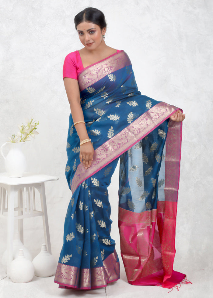 Blue Kora Silk Saree Without Blouse Piece - Indian Silk House Agencies