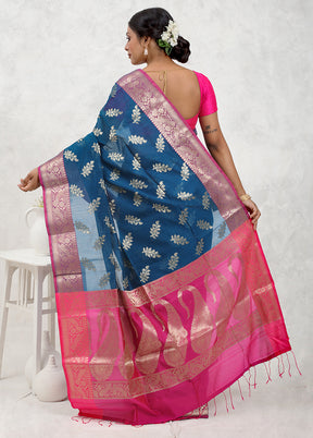 Blue Kora Silk Saree Without Blouse Piece - Indian Silk House Agencies