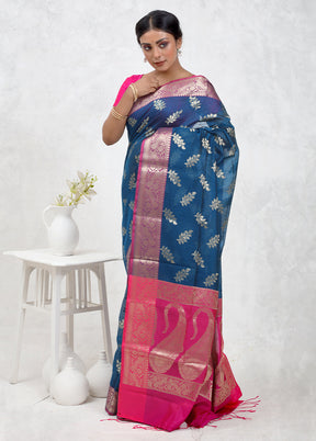 Blue Kora Silk Saree Without Blouse Piece - Indian Silk House Agencies