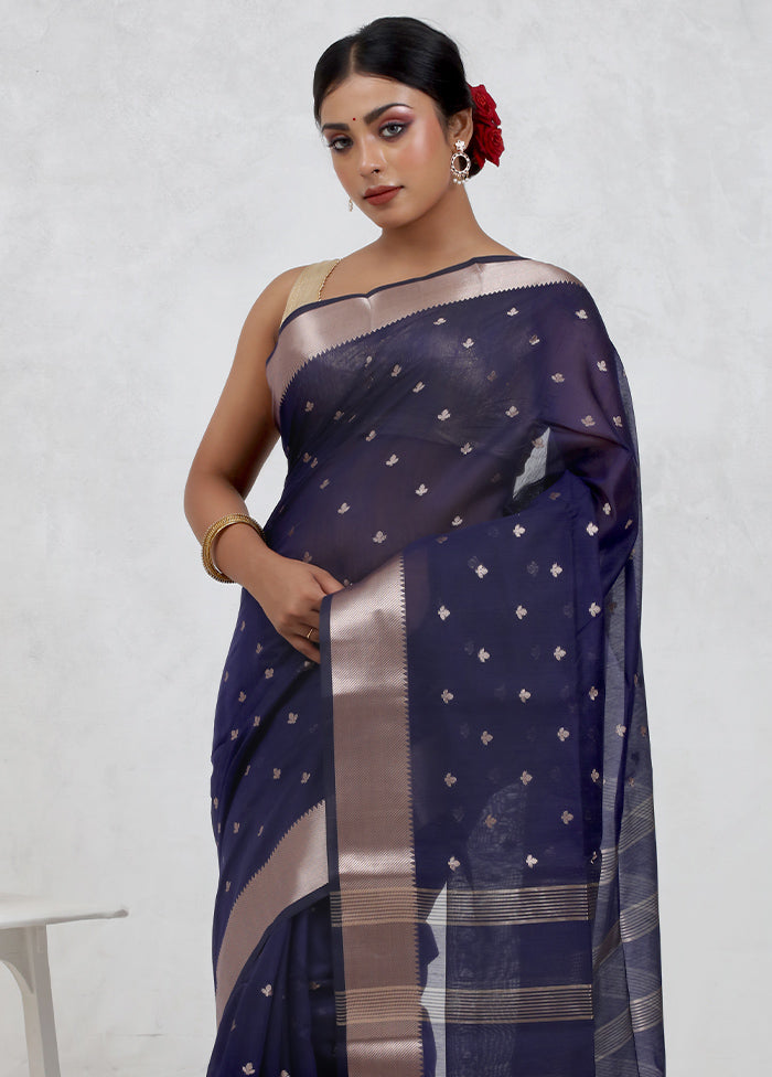 Blue Kora Silk Saree Without Blouse Piece - Indian Silk House Agencies