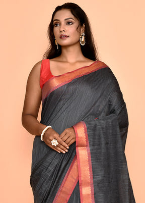 Black Dupion Silk Saree Without Blouse Piece - Indian Silk House Agencies