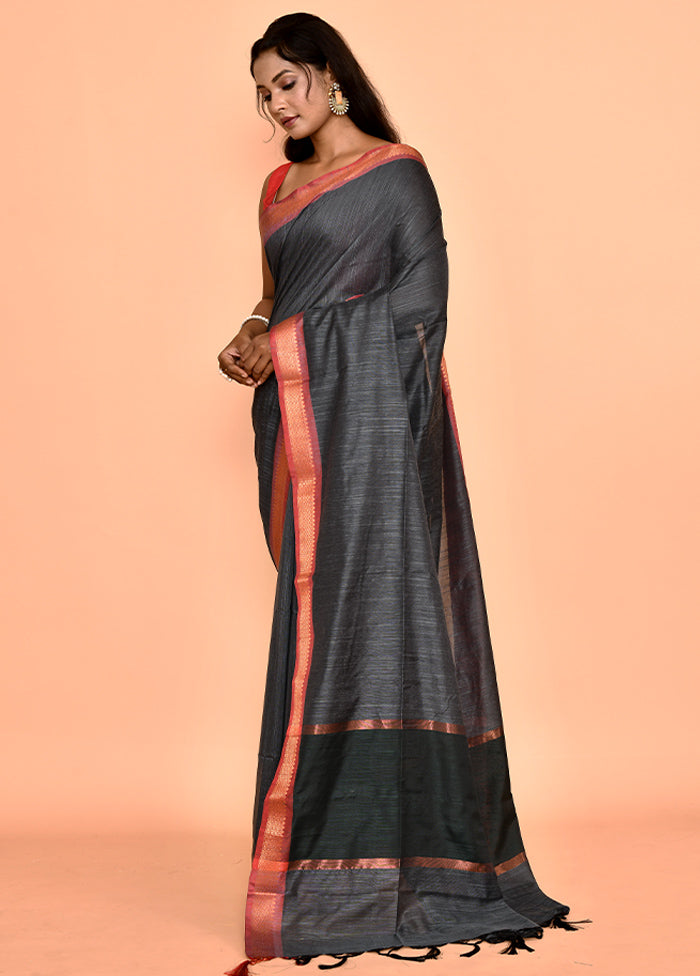 Black Dupion Silk Saree Without Blouse Piece - Indian Silk House Agencies