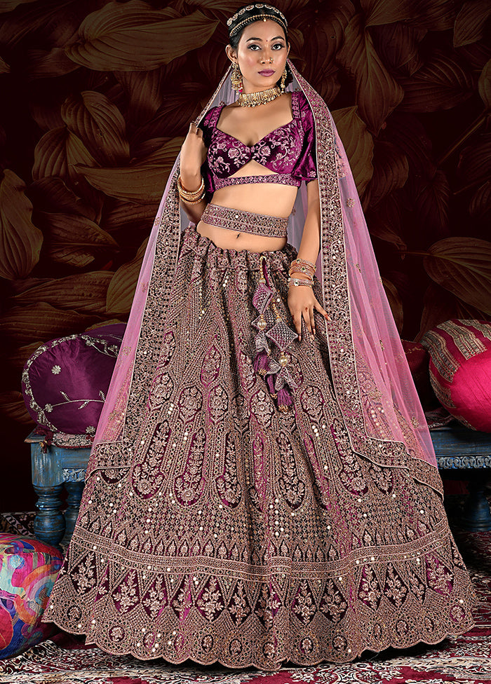 3 Pc Purple Velvet Semi Stitched Lehenga Set - Indian Silk House Agencies