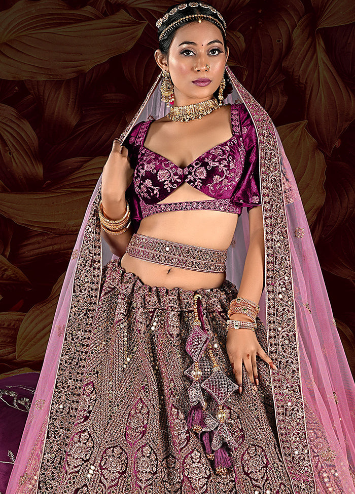 3 Pc Purple Velvet Semi Stitched Lehenga Set - Indian Silk House Agencies