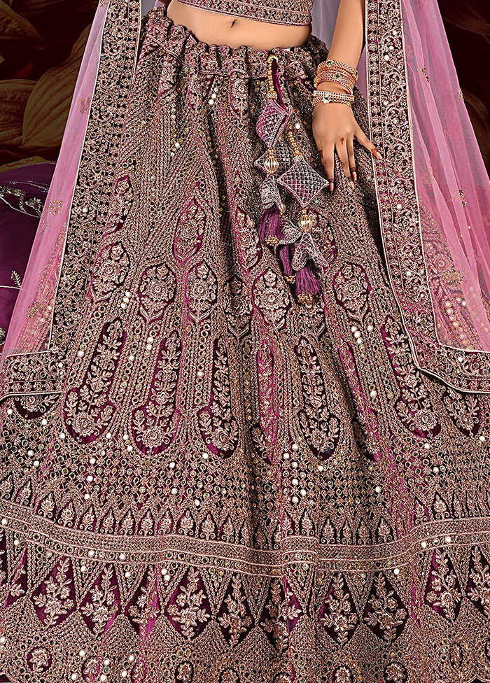 3 Pc Purple Velvet Semi Stitched Lehenga Set - Indian Silk House Agencies