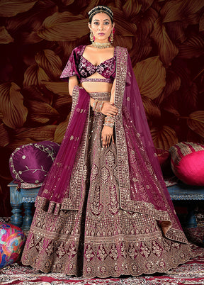 3 Pc Wine Velvet Semi Stitched Lehenga Set - Indian Silk House Agencies