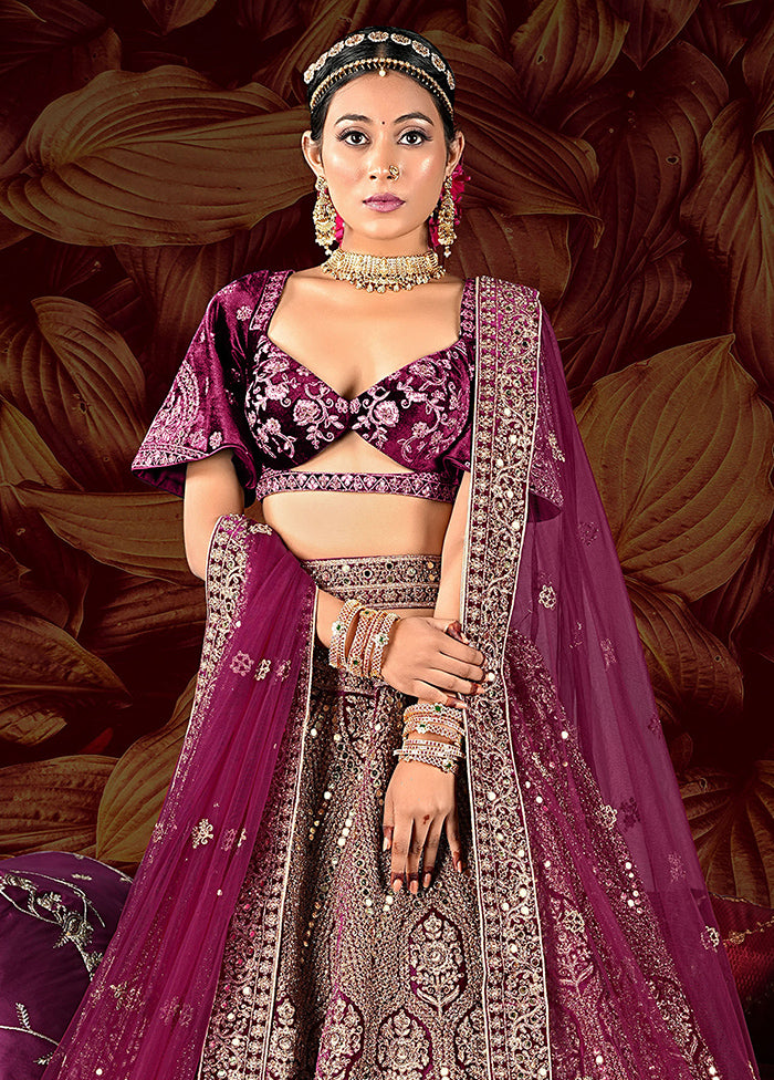 3 Pc Wine Velvet Semi Stitched Lehenga Set - Indian Silk House Agencies