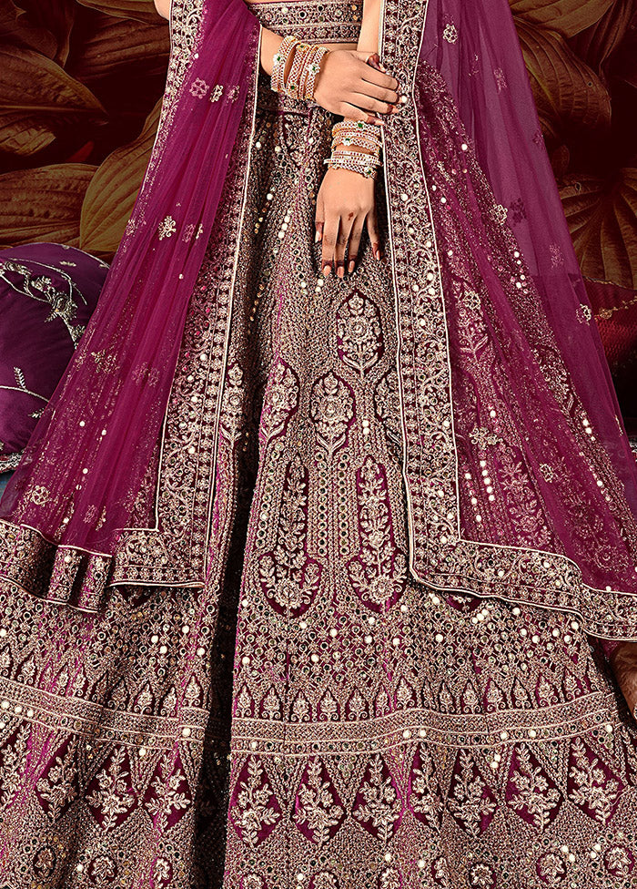 3 Pc Wine Velvet Semi Stitched Lehenga Set - Indian Silk House Agencies