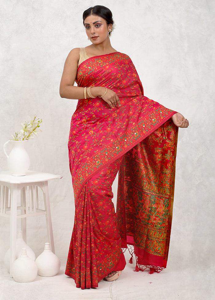 Red Dupion Silk Saree Without Blouse Piece