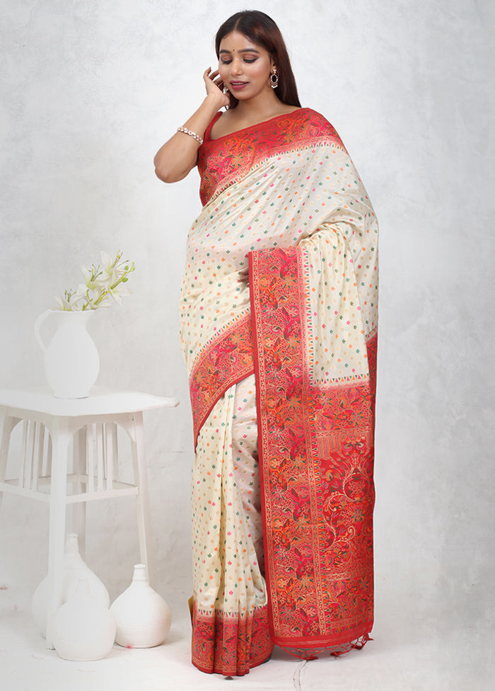 White Dupion Silk Saree Without Blouse Piece - Indian Silk House Agencies