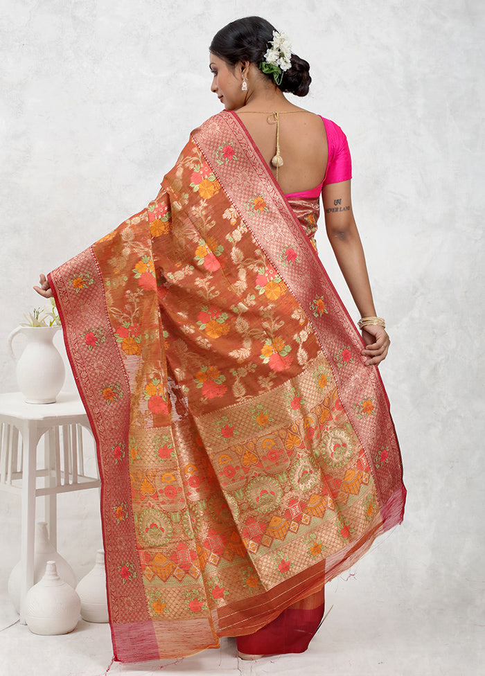 Orange Dupion Silk Saree Without Blouse Piece - Indian Silk House Agencies
