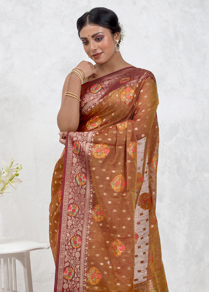 Brown Dupion Silk Saree Without Blouse Piece - Indian Silk House Agencies