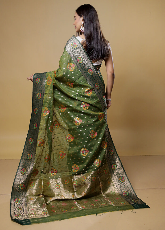 Green Dupion Silk Saree With Blouse Piece