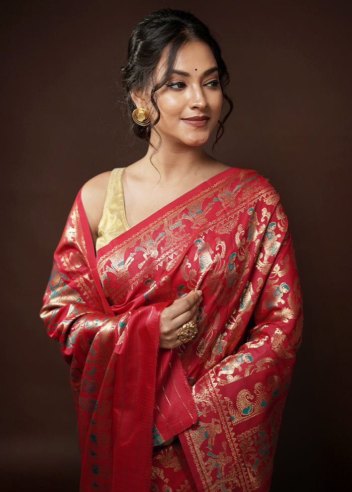 Red Baluchari Silk Saree With Blouse Piece - Indian Silk House Agencies
